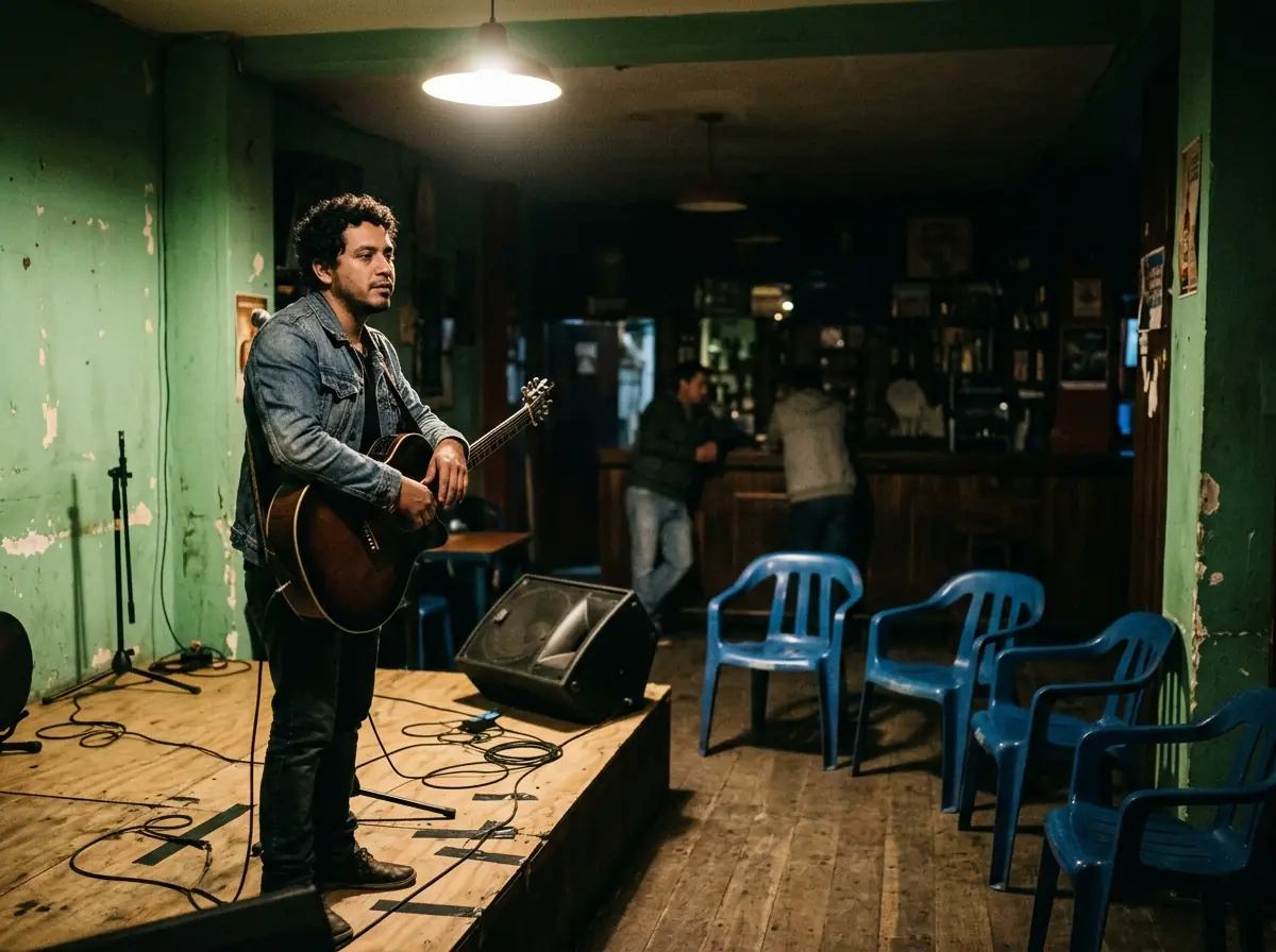 Un musico de pie en la tarima de un bar, con la guitarra colgada y ya montado, mirando cuatro sillas plasticas vacias; al fondo dos personas en la barra que no lo miran.