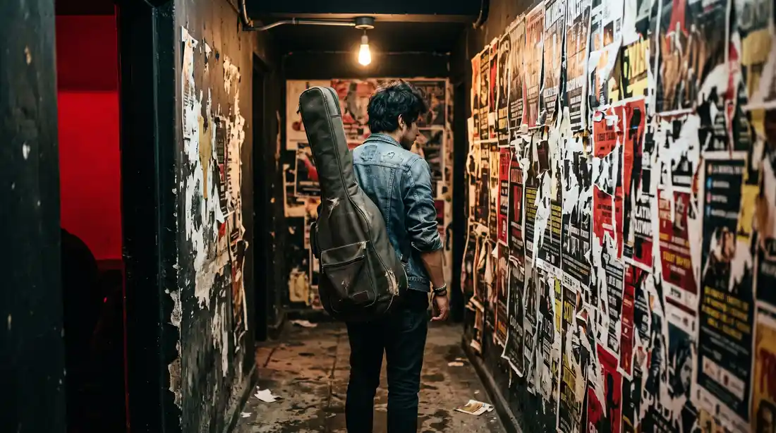 Un músico con el estuche de la guitarra caminando solo por un pasillo tapizado de afiches.